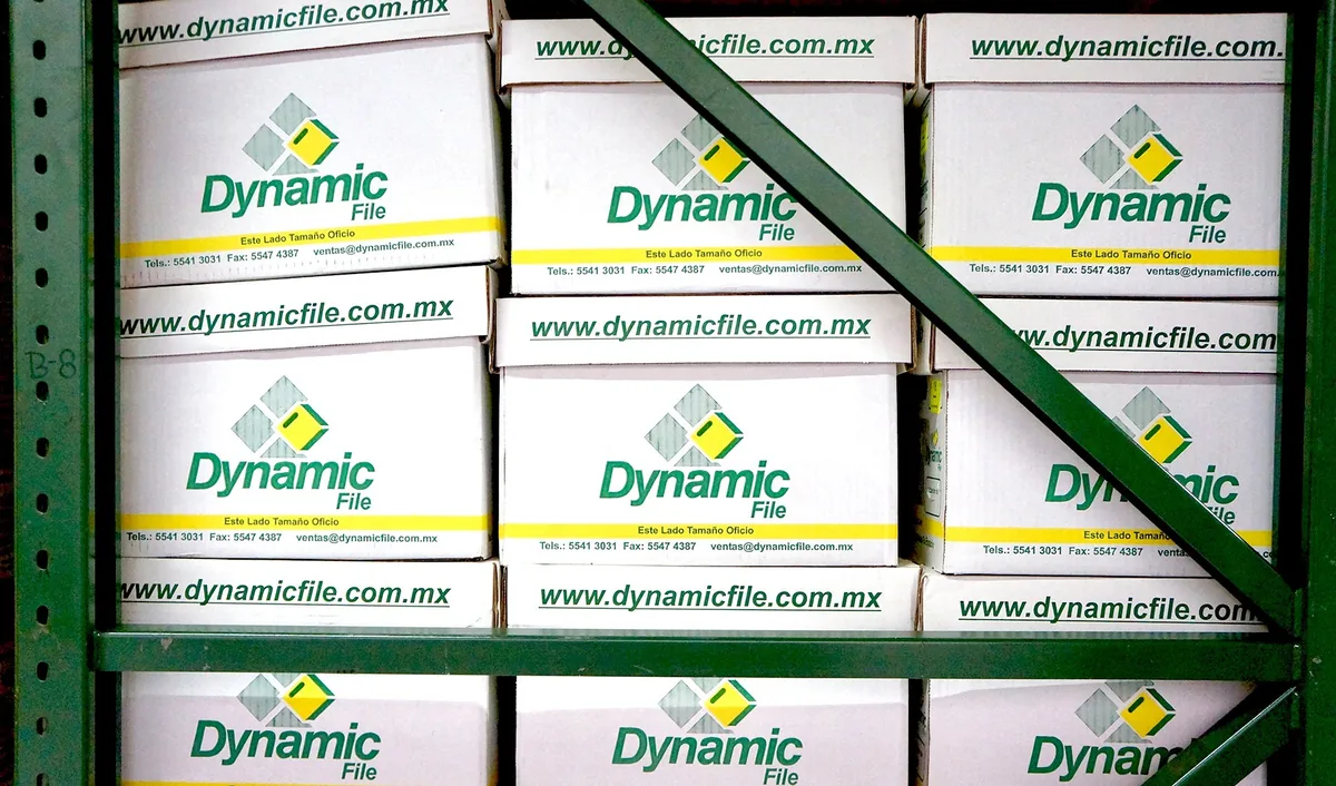Cajas de archivo físico Dynamic File en racks de resguardo